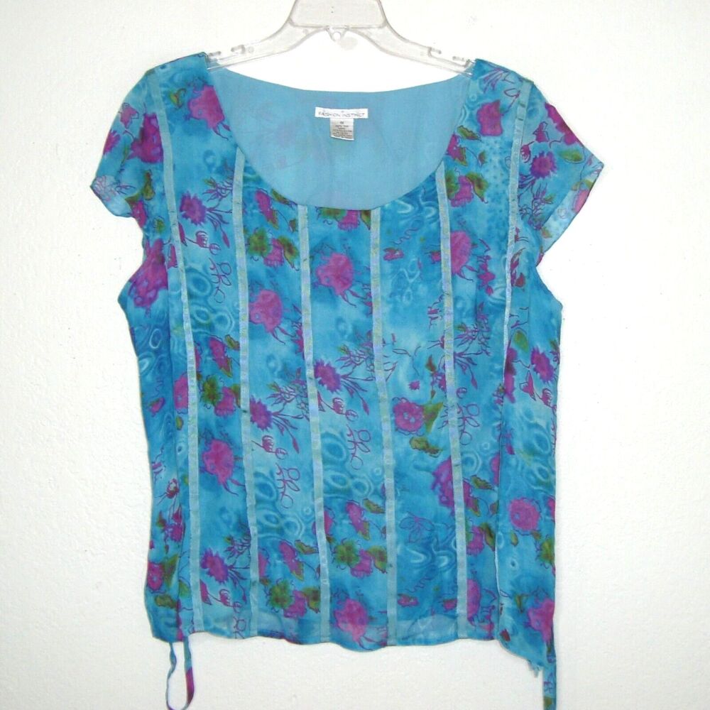 Fashion Instinct Silk Floral Print Cap Sleeve Side Zip Blouse Size 1X